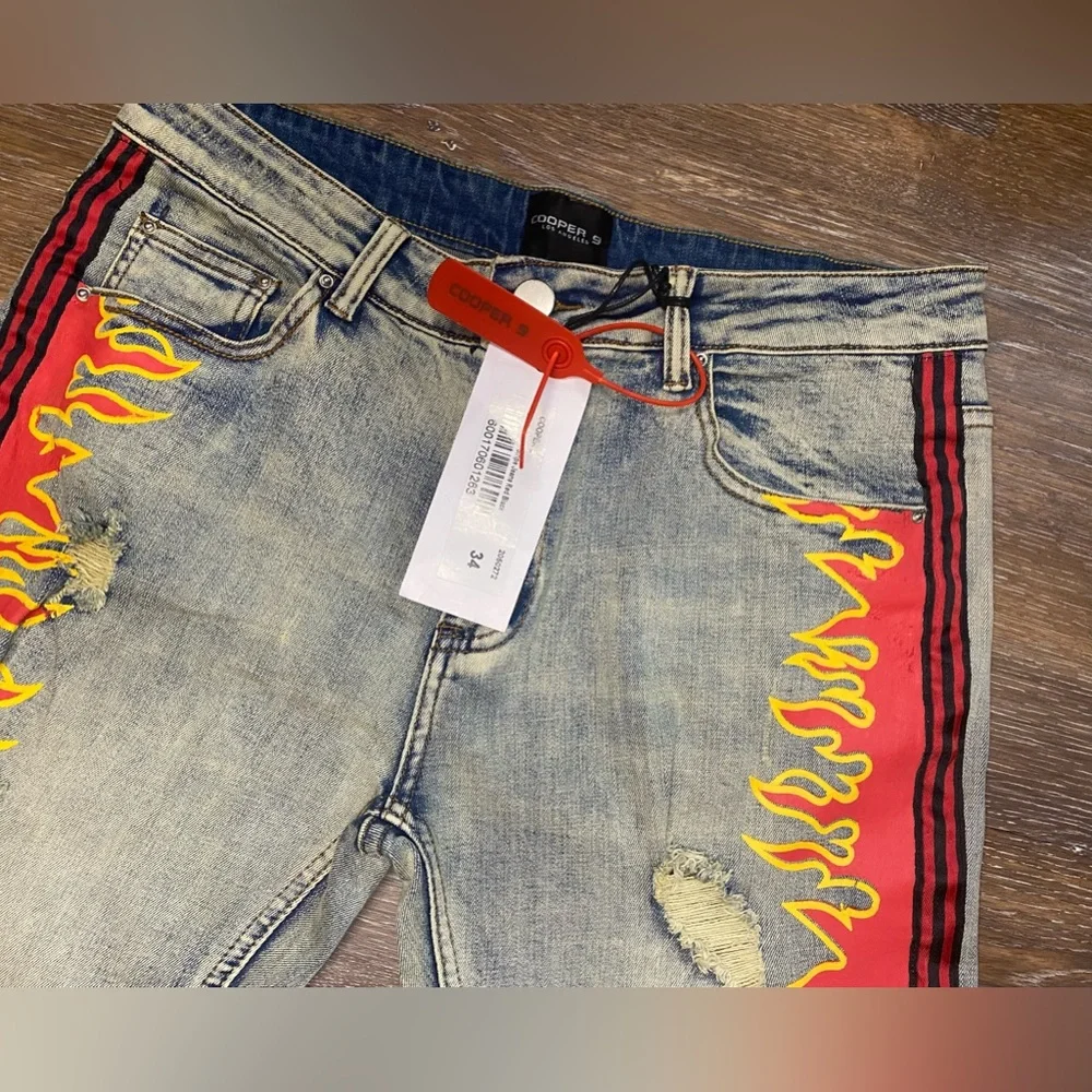 NWT COOPER 9 MENS MAGMA STRIPE JEANS RED BLACK 34X32 - Picture 4 of 11